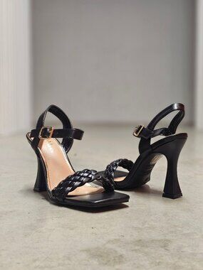 Braided Strap Square-Toe Heeled Sandals Faux Leather Adjustable Ankle Strap Bloc